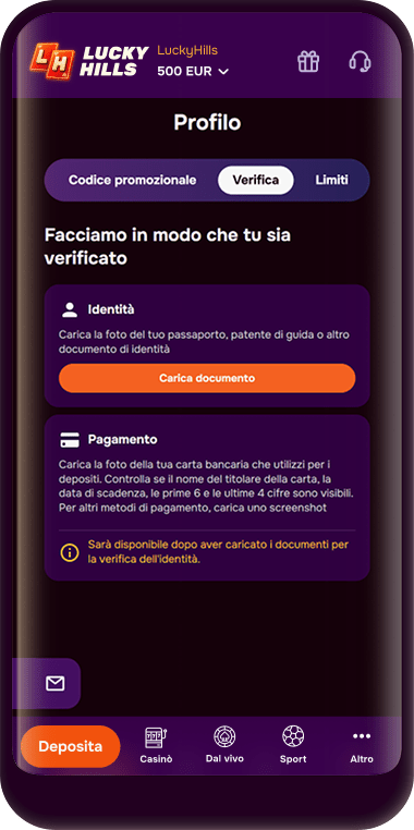 Pagina del profilo con la scheda Verifica e le sezioni di verifica dell'identità e del pagamento