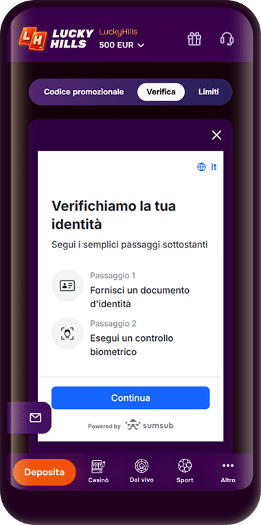 Schermata di selezione del paese di residenza e di consenso al trattamento dei dati personali