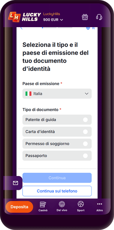 Schermata di selezione del tipo di documento: carta d'identità, passaporto, permesso di soggiorno o patente di guida