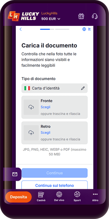 Schermata per caricare la foto del tuo documento d'identità