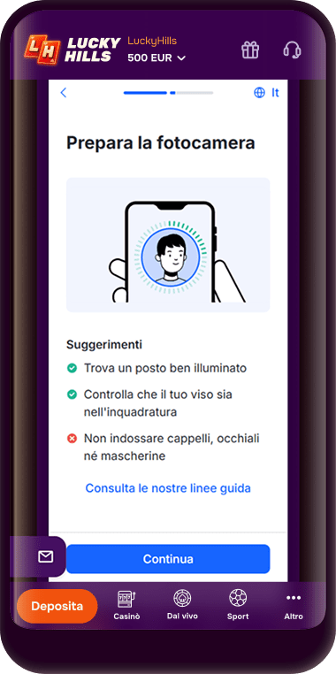 Schermata del selfie dal vivo con il volto all'interno del riquadro della fotocamera